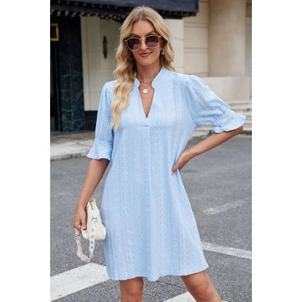 Beau Blue Jacquard Texture Flared Short Sleeve Notched Neck Mini Dress