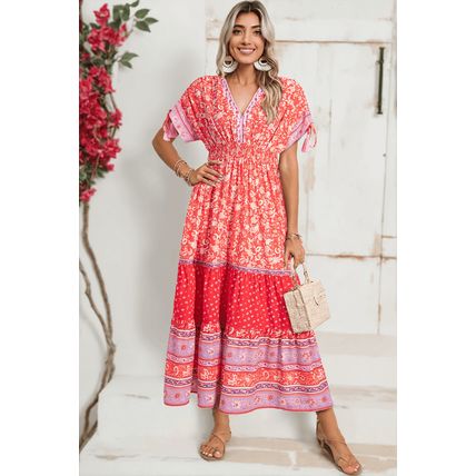 Red Floral Print Tasseled Tied Sleeve Empire Waist Maxi Dress