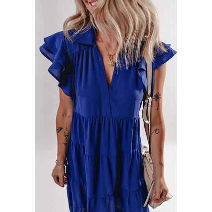 Bluing Ruffled Short Sleeve Collared V Neck Tiered Midi Dress