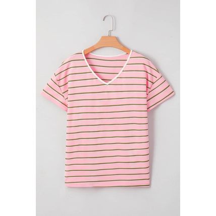 Pink Stripe V Neck Slim Fit Casual T Shirt