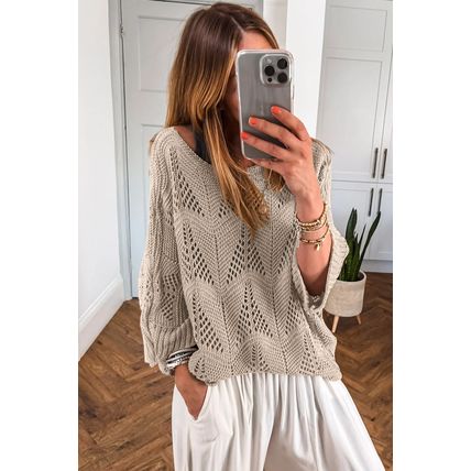 Parchment Hollow Out Knit 7/8 Sleeve Casual Sweater
