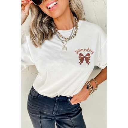 White Game Day Bowknot Embroidered Graphic Casual Tee