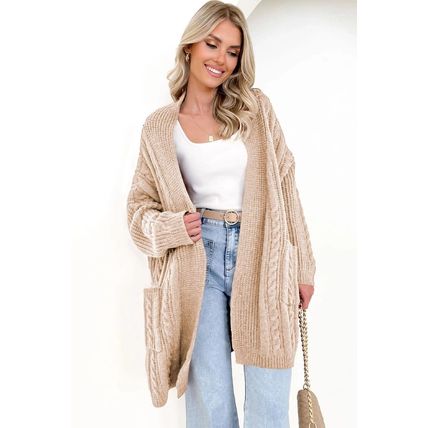 Parchment Oversize Chunky Cable Knit Open Front Midi-length Cardigan