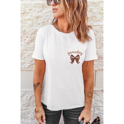 White Game Day Bowknot Embroidered Graphic Casual Tee