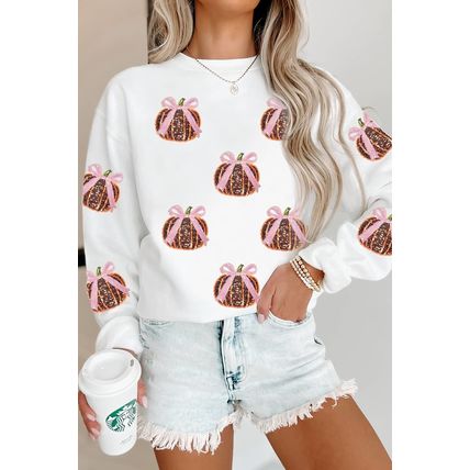 White Sequin Bow Pumpkin Patched Cotton Baggy Sweatshirt