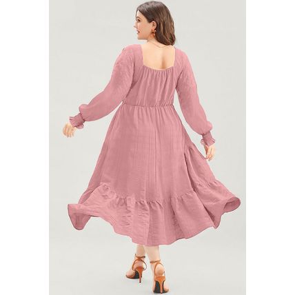 Pink Lace-up Ruched Front Long Sleeve Ruffle Hem Plus Size Midi Dress