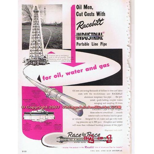 RACE AND RACE INC 1955 RACEBILT aluminum pipe oil gas line vintage ad