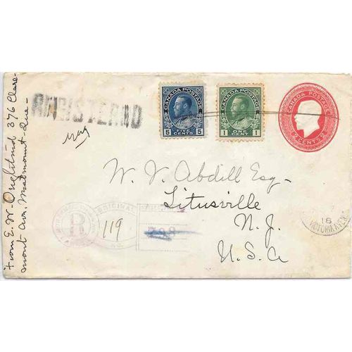 Canada Admiral REGISTERED 1918, Montreal Victoria Ave Fancy Cancel Quebec to USA