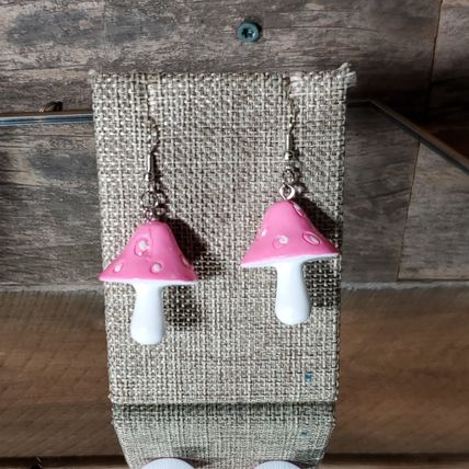 Mushroom Earrings - Pink & White Acrylic - New