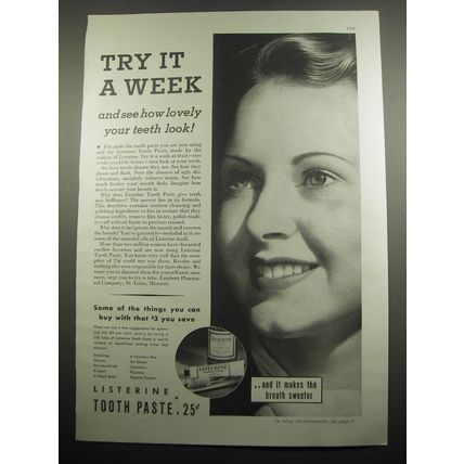 1933 Listerine Tooth Paste Ad - Try it a week and see how lovely your teeth look