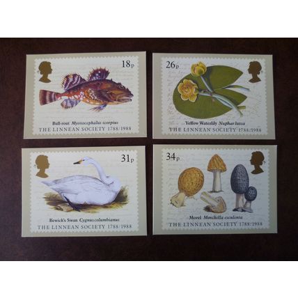 1988 GB Bicentenary of Linnean Society PHQ 114 mint card set Fish Swan Mushrooms