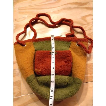 Handmade Wool Bucket Handbag Double Straps Outside Pocket Orange Yellow Green