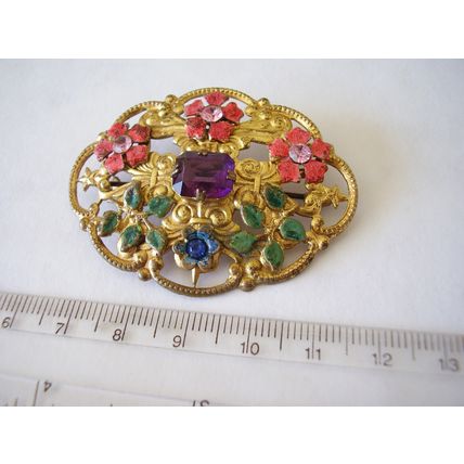 Vintage Brooch Large Czech Filigree Enamel Purple Faceted Bohemian Glass Stone