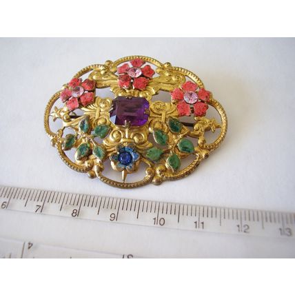 Brooch Large Czech Filigree Enamel Purple Faceted Claw-set Bohemian Glass Stone