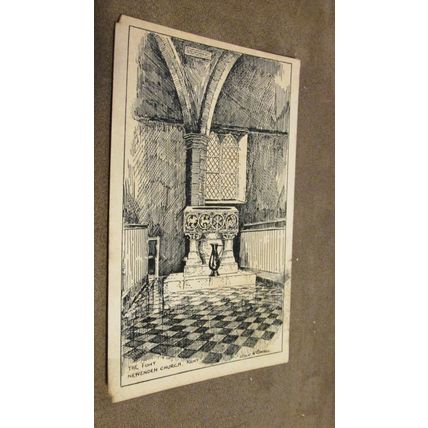 Adams pencil sketch Postcard - Font, Newenden Church - Ashford Kent