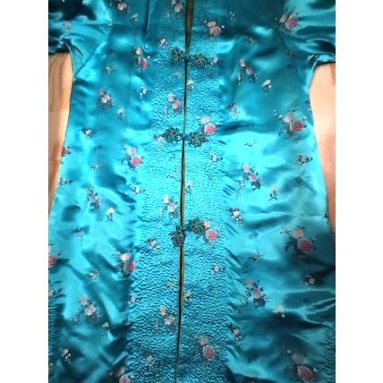 Wms Embroidered Aqua Floral Oriental Kimono Robe Gown Sm/Med Heavy Quality Flaw