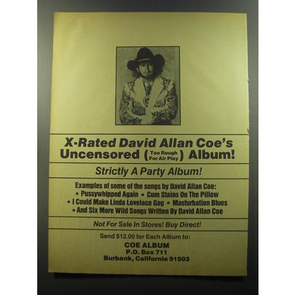 1980 David Allan Coe Uncensored Album Ad - X-Rated Too Rough for Air Play