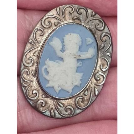 Antique Vintage 1920-s Sterling Silver Cameo Angel Pendant & 18 Inch Chain.