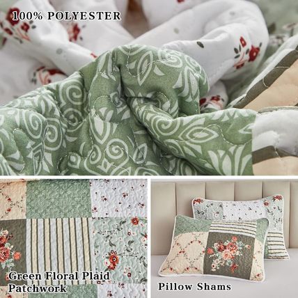 Patchwork Quilt Set Full/Queen Size, 3 Pieces Green Floral Plaid Summer Bedsprea