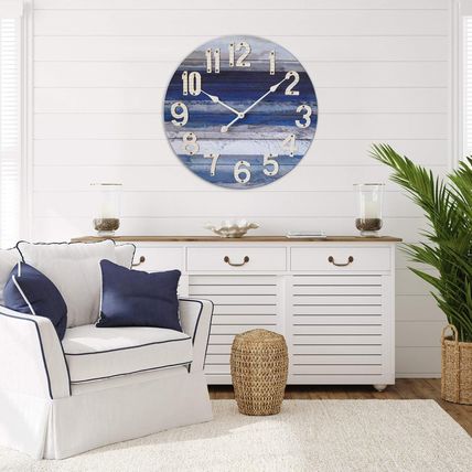 MODE HOME Beach Blue 24 Inch Large Wall Clock, Rustic Vintage Beach Wall Decor C