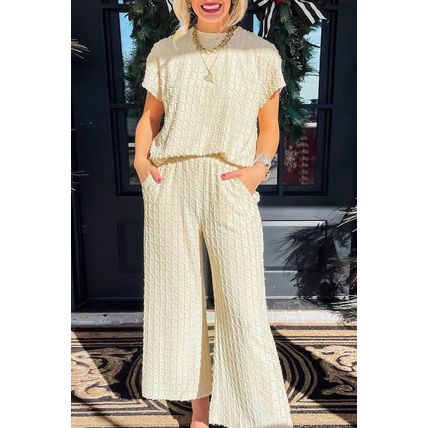 Apricot Metallic Lattice Textured Casual Two Piece Set