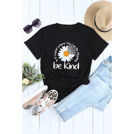 Black be kind Daisy Slogan Print Crewneck Casual Tee