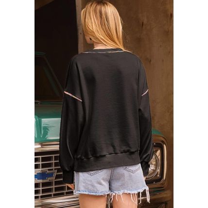 Black Contrast Rainbow Trim Drop Shoulder Pullover Sweatshirt