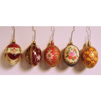 Vintage Set of 5 Hand Blown Glass Hand Painted & Embellished Floral Ornaments