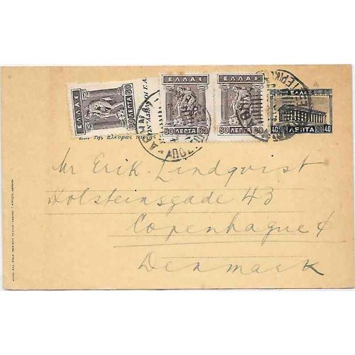 Greece Athens Postal Card uprated to Denmark combo 1930, great cancels
