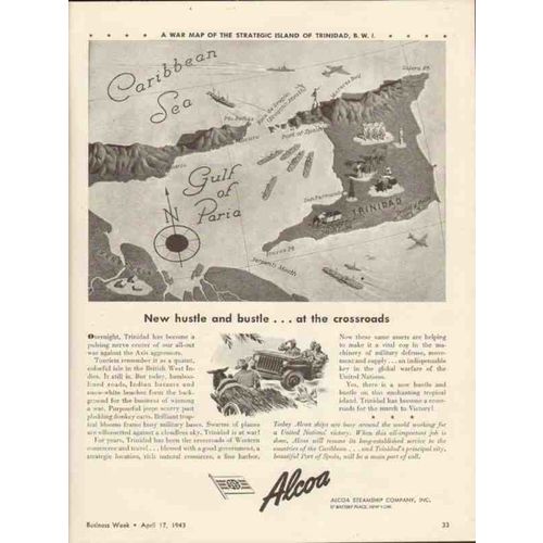 ALCOA STEAMSHIP COMPANY 1943 crossroads Trinidad WW2 map vintage ad
