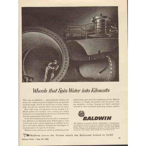 BALDWIN LOCOMOTIVE WORKS 1943 wheels spin water kilowatts vintage ad