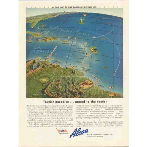 ALCOA STEAMSHIP COMPANY 1943 tourist paradise WW2 map vintage ad
