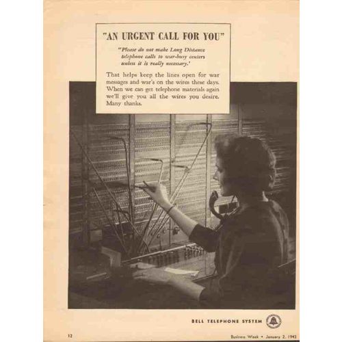 BELL TELEPHONE SYSTEM 1943 An urgent call for you WW2 vintage ad