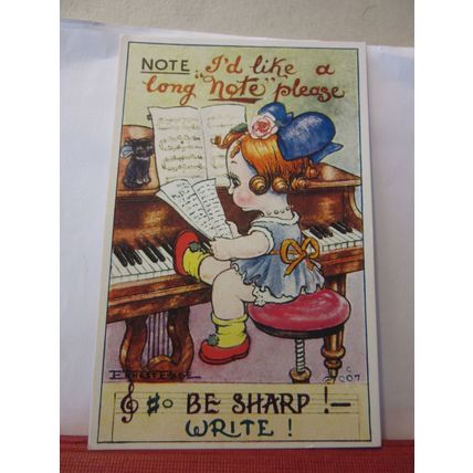 'MUSIC NOTE, BE SHARP' unused antique? postcard by Ernest Page humour #