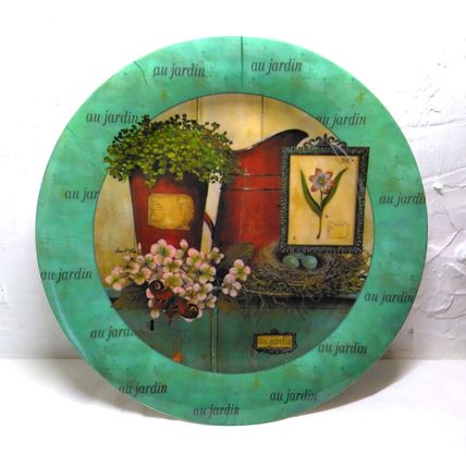 (4) Melamine au jardin Evergreen Plates - Floral/Pitcher Scene - Minimal Wear!