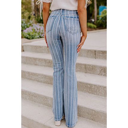 Sky Blue Vertical Striped Ripped Flare Jeans
