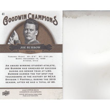 JOE BURROW GOODWIN CHAMPIONS 2020 ROOKIE AUTOGRAPHED CINCINNATI BENGALS MVP QB