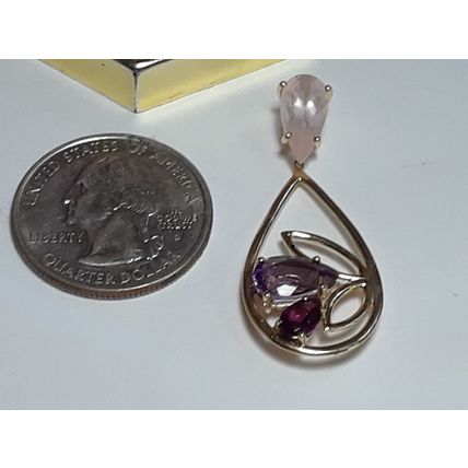 Estate 4.75ctw pear Rose Quartz, Amethyst &Garnet 14Kt YG Tear drop Pendant19399