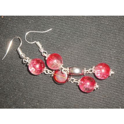 Vibrant pair large red & clear crackle & silver dipped glass long drop earrings