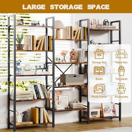 Shintenchi Triple 5 Tier Bookshelf, Industrial Large Bookcase with 14 Open Displ