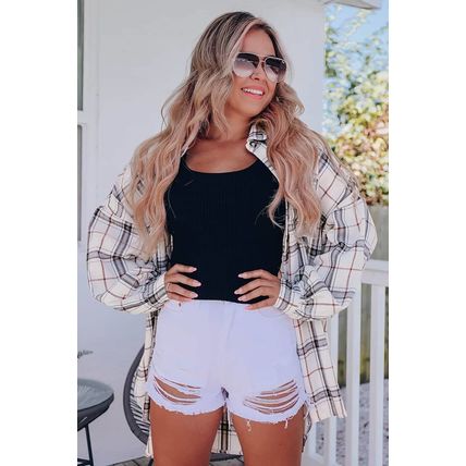 White Oversized Plaid Pattern Shacket with Slits