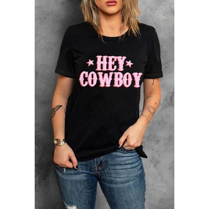 Black HEY COWBOY Letters Crew Neck T-shirt