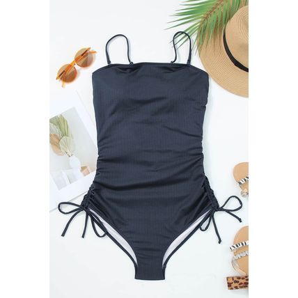 Navy Blue Ribbed Drawstring Sides Cutout One Piece Swimsuit
