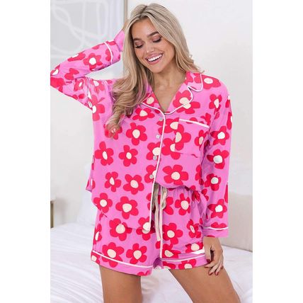 Pink Flower Print Long Sleeve Shirt Shorts Pajamas Set