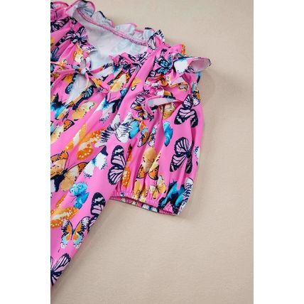 Purple Butterfly Print Ruffled Puff Sleeve Tied V Neck Blouse