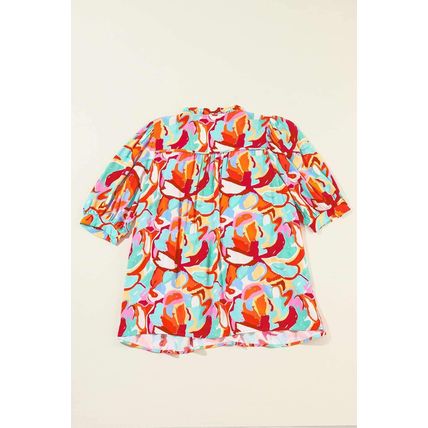 Rose Red Abstract Print Drawstring V Neck Half Sleeve Blouse