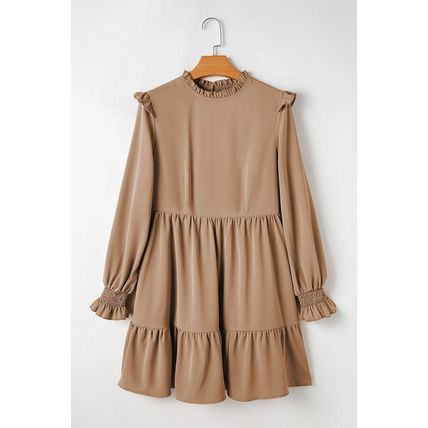Light French Beige Frilled Collar Ruffled Shoulder Tiered Dress