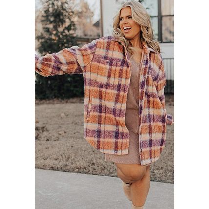 Multicolour Plus Size Plaid Print Collared Button up Jacket