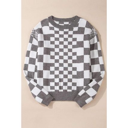 Gray Checkered Print Drop Shoulder Round Neck Sweater