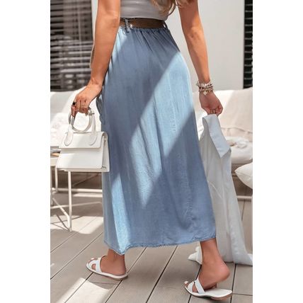 Beau Blue Buttoned Front High Waist Side Pockets Denim Maxi Skirt